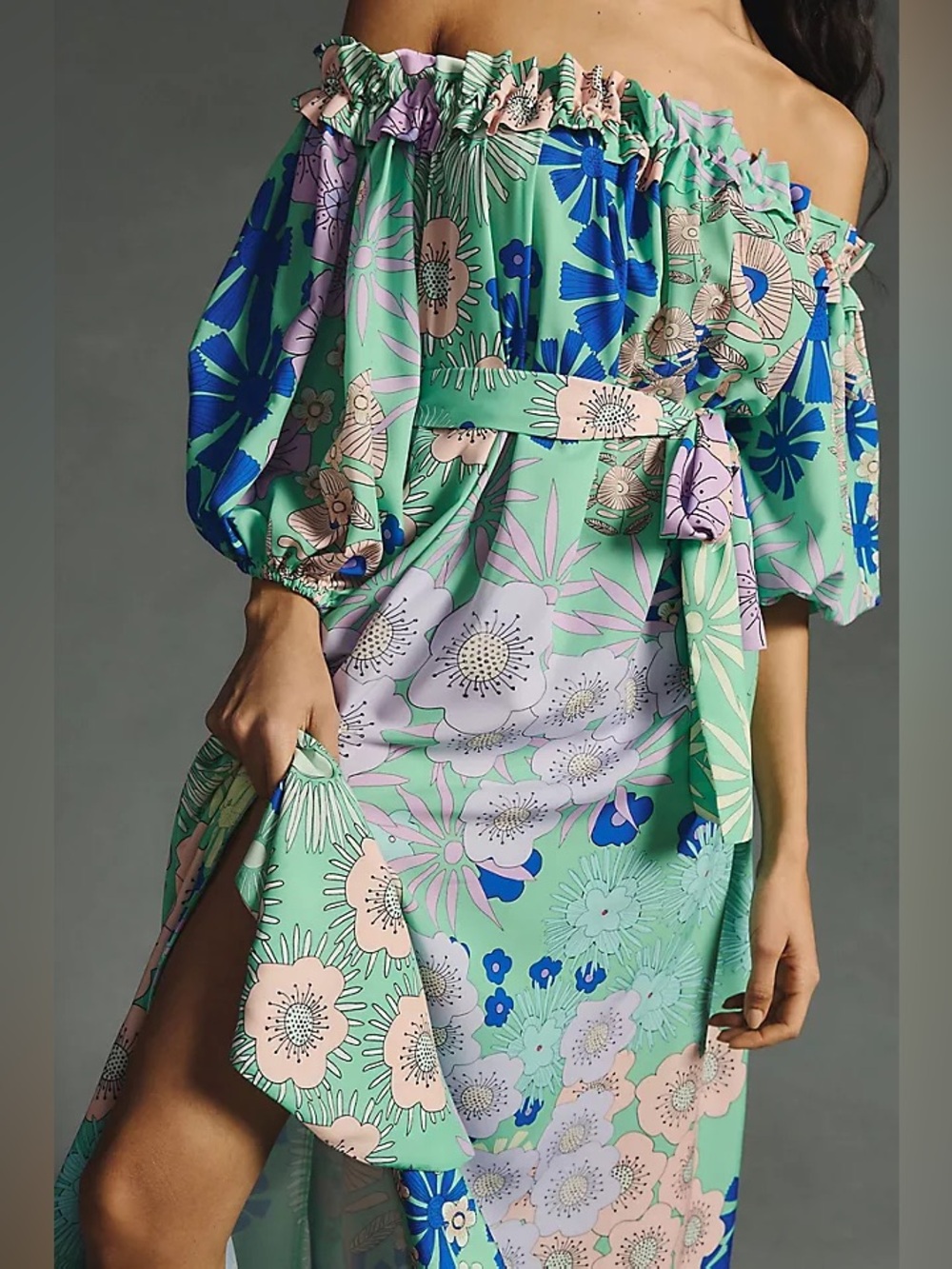 Anthropologie x Oopscool off-the-shoulder printed dress with belt